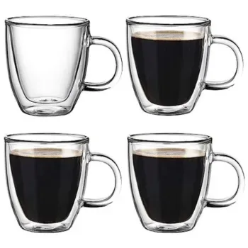 Yuncang 5.5 oz Espresso Mugs - Set of 4 - (Double Wall Glass Coffee Cups with Handle)